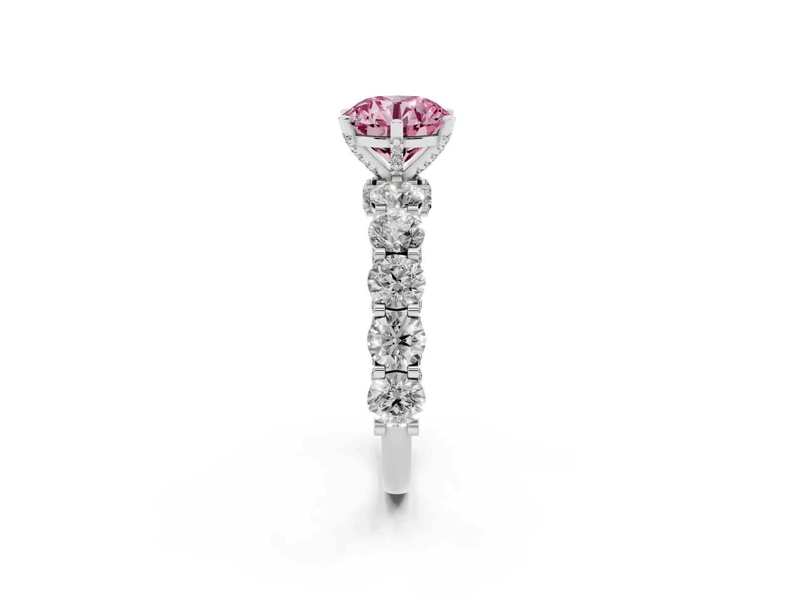 Fancy Pink Round Cut Diamond Side Stone Engagement Ring with Four-Prong Setting Platinum