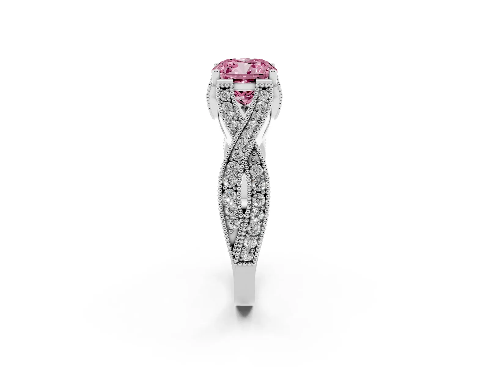 Fancy Pink Cushion Cut Cut Diamond Twisted Band with Milgrain Pave Setting and Four-Prong Setting Platinum