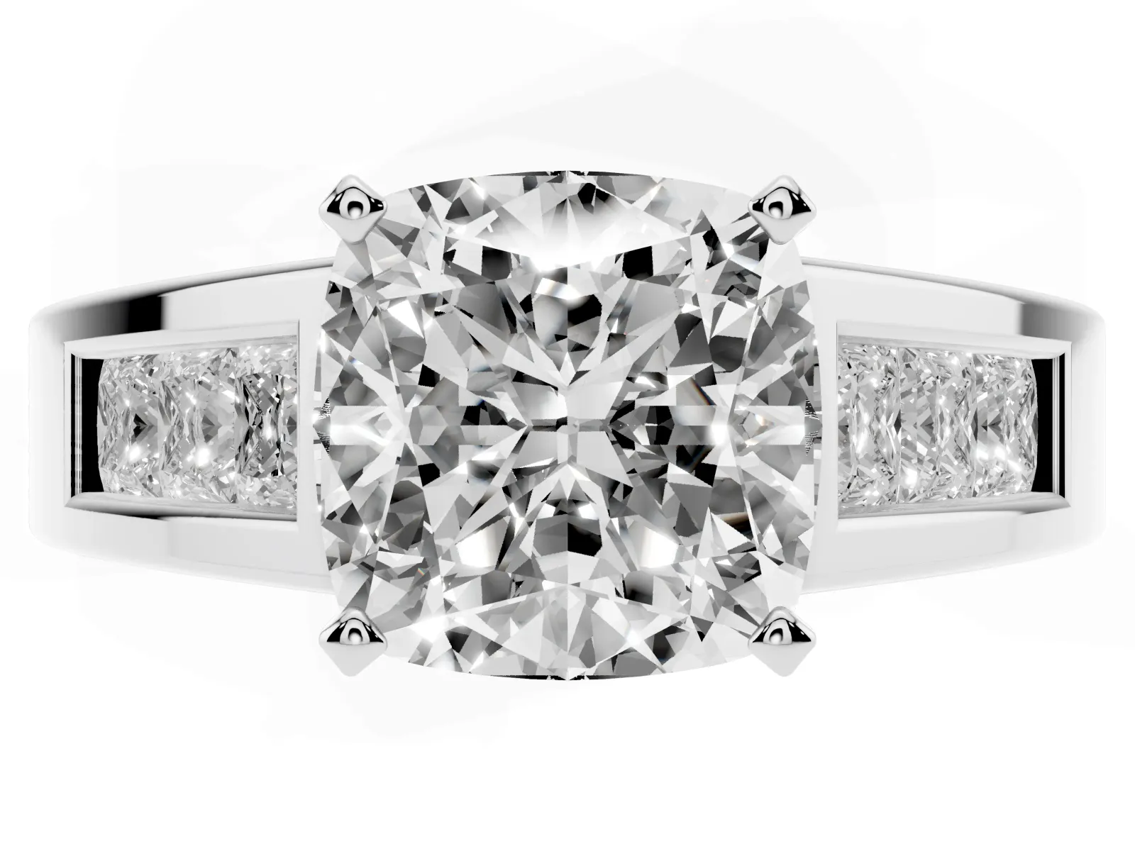 Cushion Cut Cut Channel Set Solitaire Ring with Four-Prong Setting Platinum