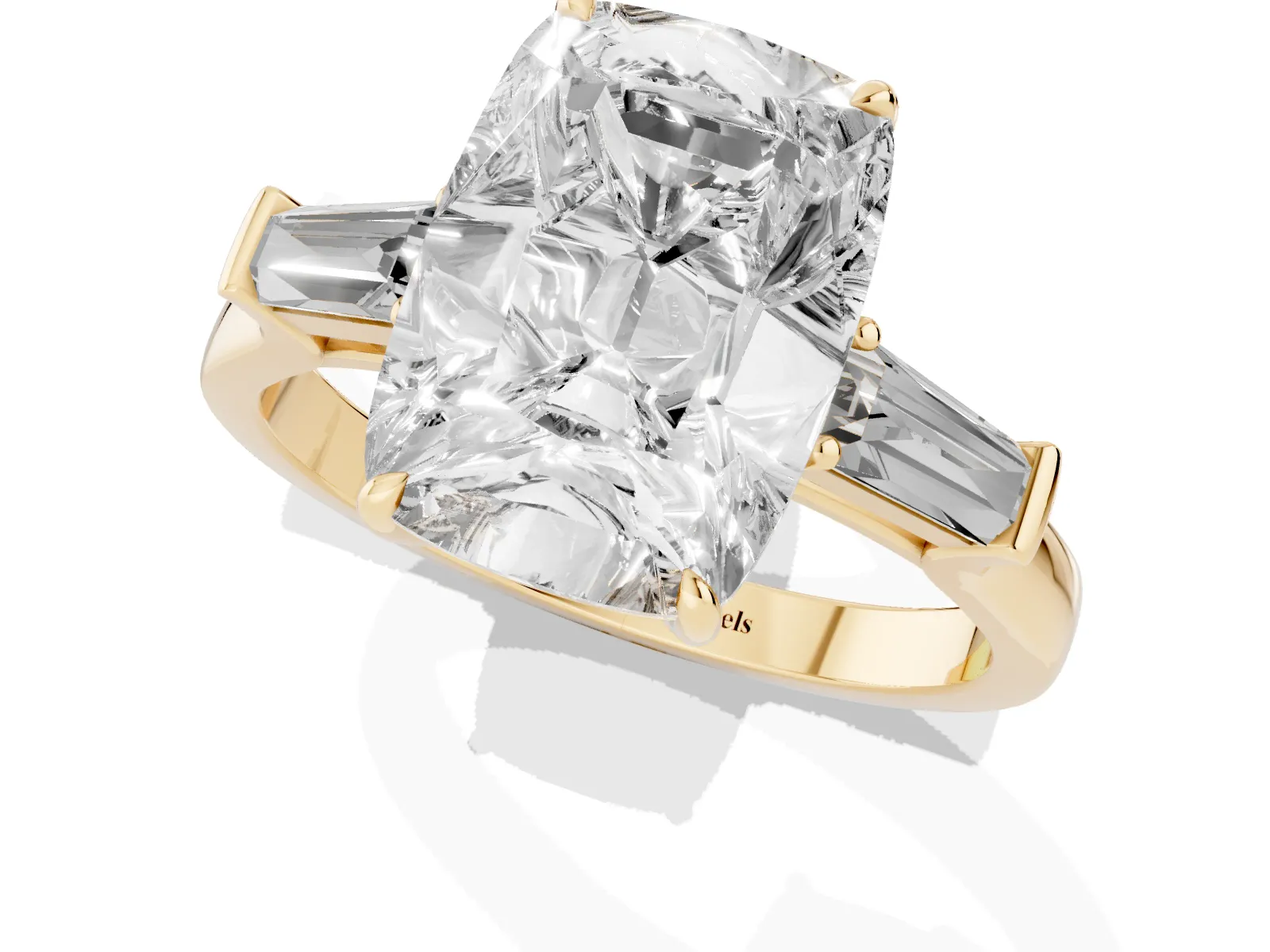 Old Mine Elongated Cushion Diamond with Side Tapered Baguette Three Stone Ring Yellow gold