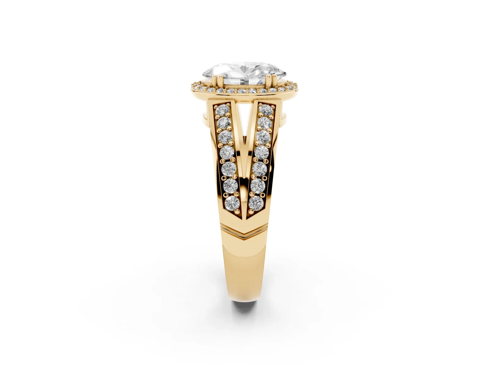 Oval Cut Diamond Halo Ring with Split Shank Pavé Band and Four-Prong Setting Yellow gold