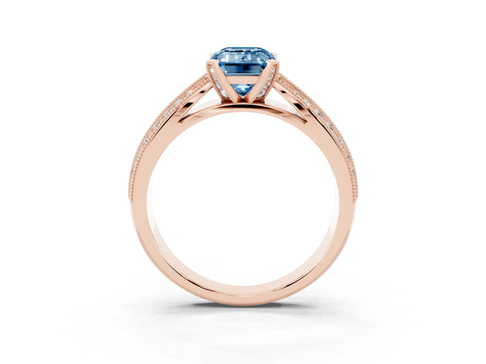 Fancy Blue Emerald Cut Diamond Solitaire Ring with Milgrain Round Pavé Band and Prong Setting Rose gold