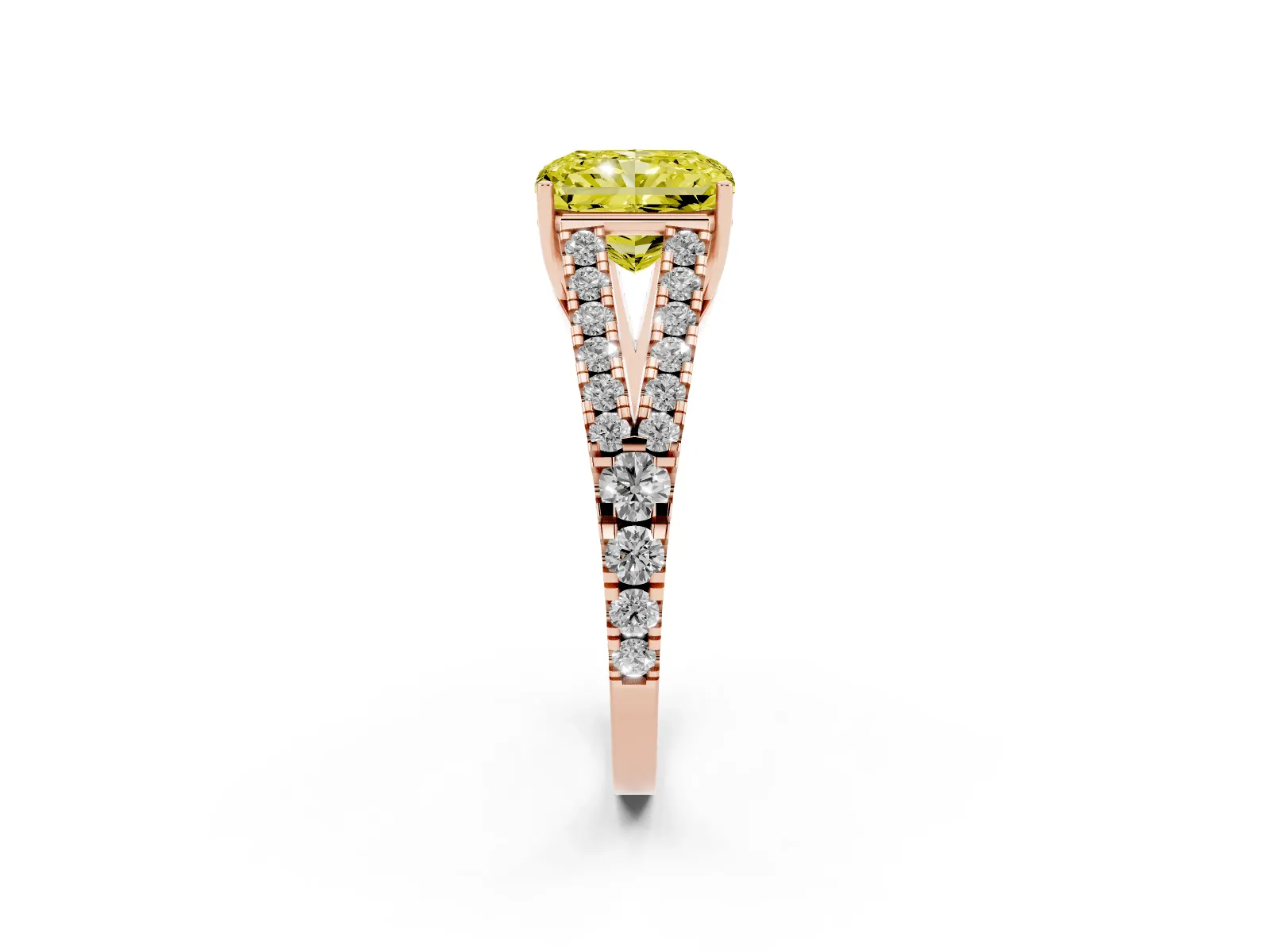 Fancy Yellow Radiant Cut Diamond Split Shank Engagement Ring with Round Pavé and Prong Setting Rose gold