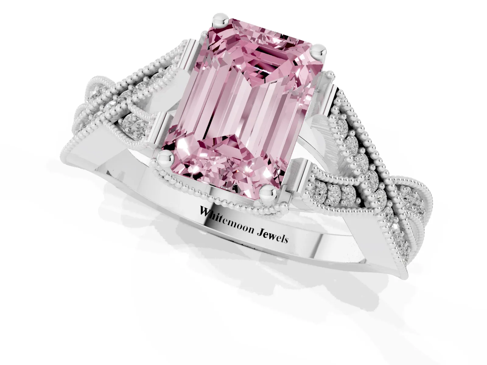 Fancy Pink Emerald Cut Cut Diamond Twisted Band with Milgrain Pave Setting and Four-Prong Setting Platinum