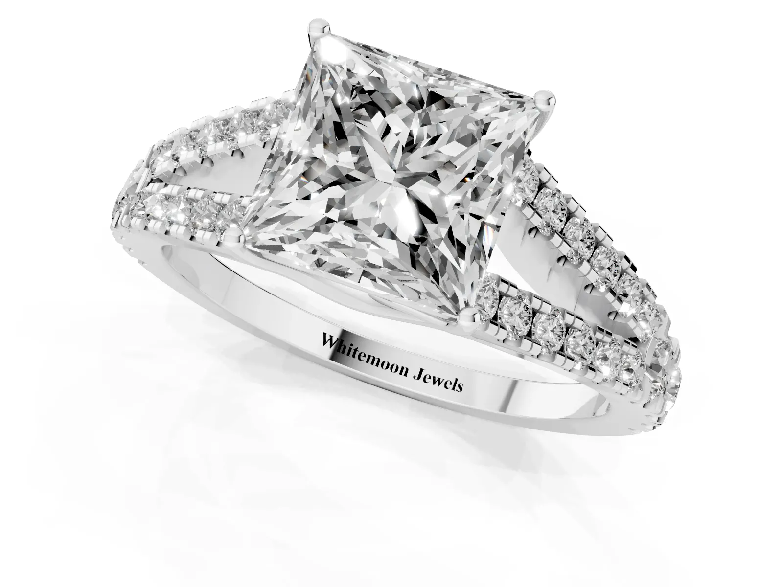 Princess Cut Diamond Split Shank Engagement Ring with Round Pavé and Prong Setting White gold