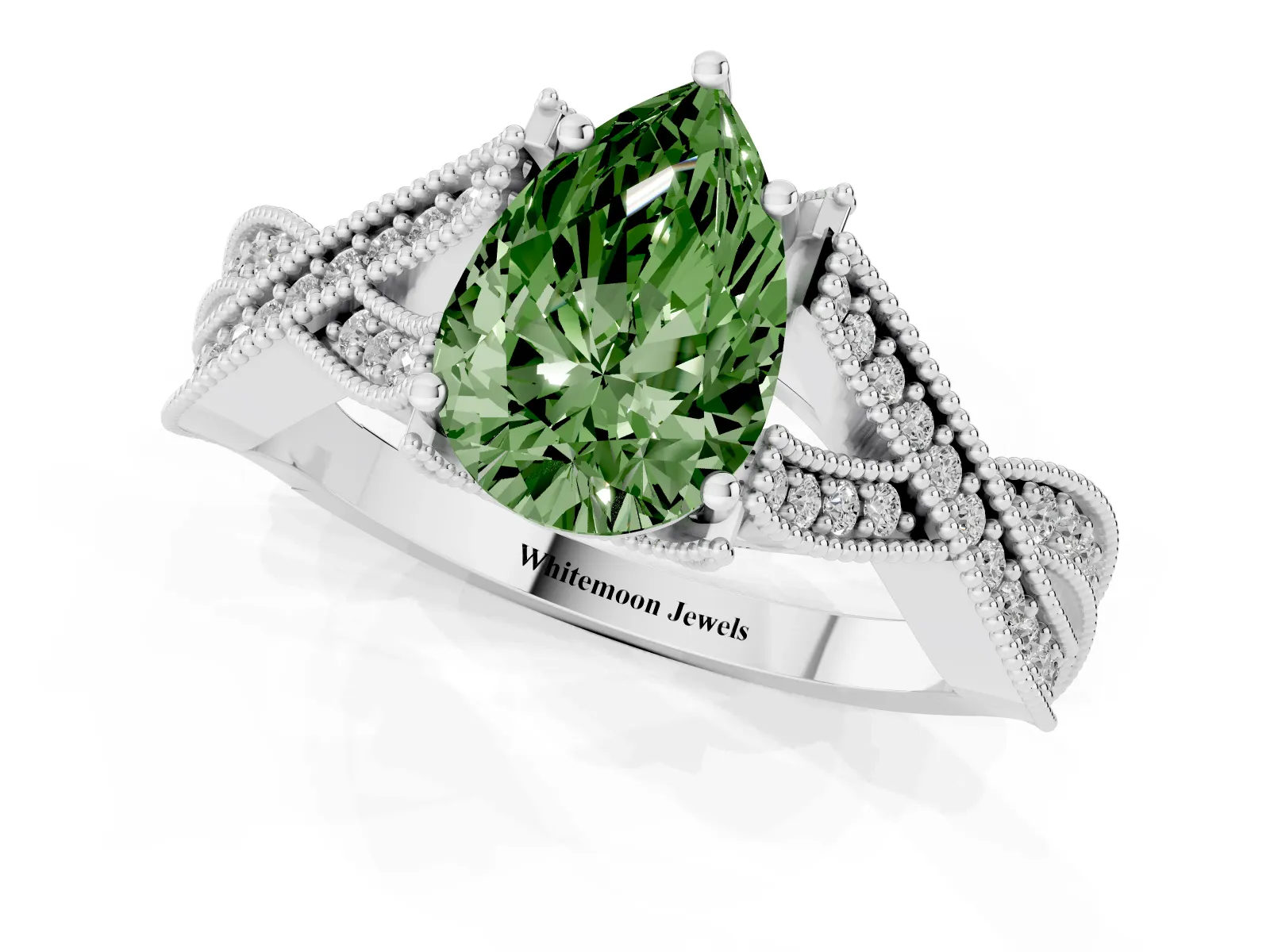 Fancy Green Pear Cut Cut Diamond Twisted Band with Milgrain Pave Setting and Four-Prong Setting Platinum