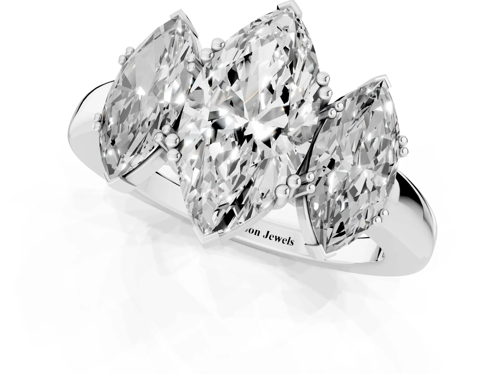 Three-Stone Marquise Cut Cut Diamond Ring with Channel Set Band and Four-Prong Setting Platinum
