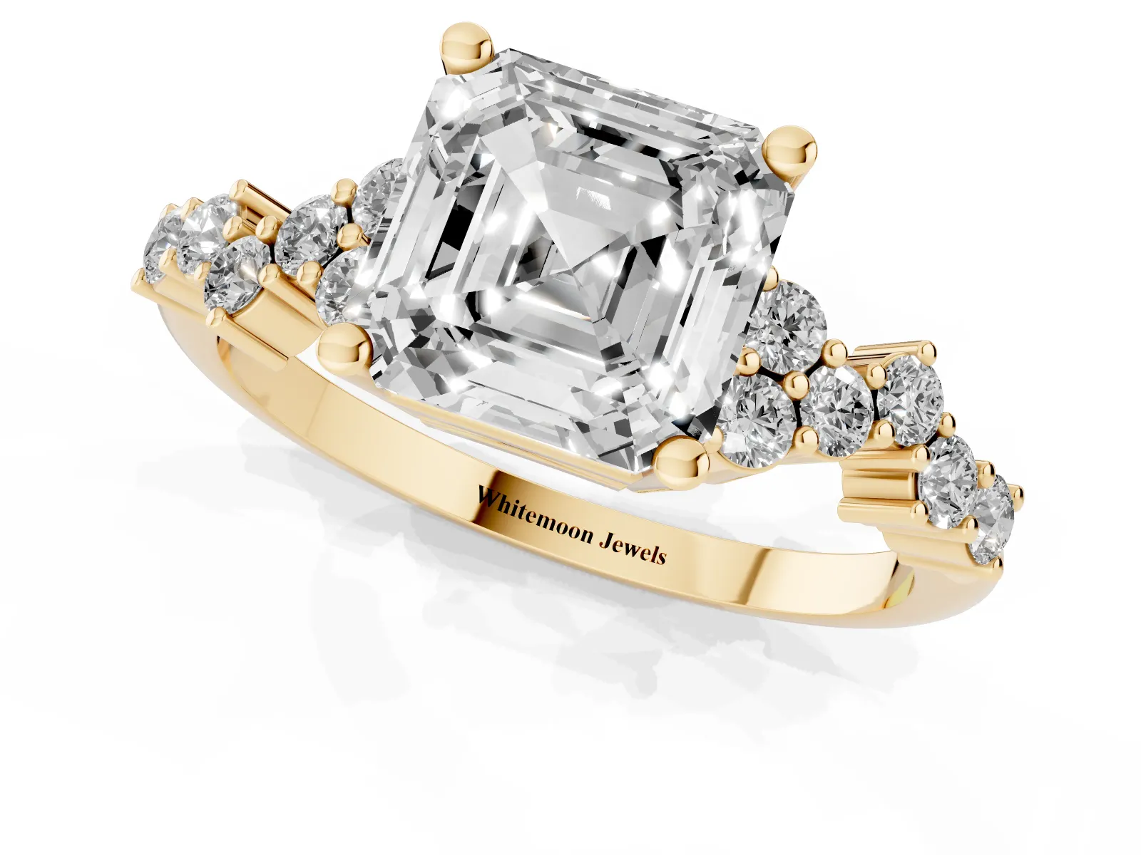 Asscher Cut Diamond Scattered Round Accent Ring with Prong Setting Yellow gold