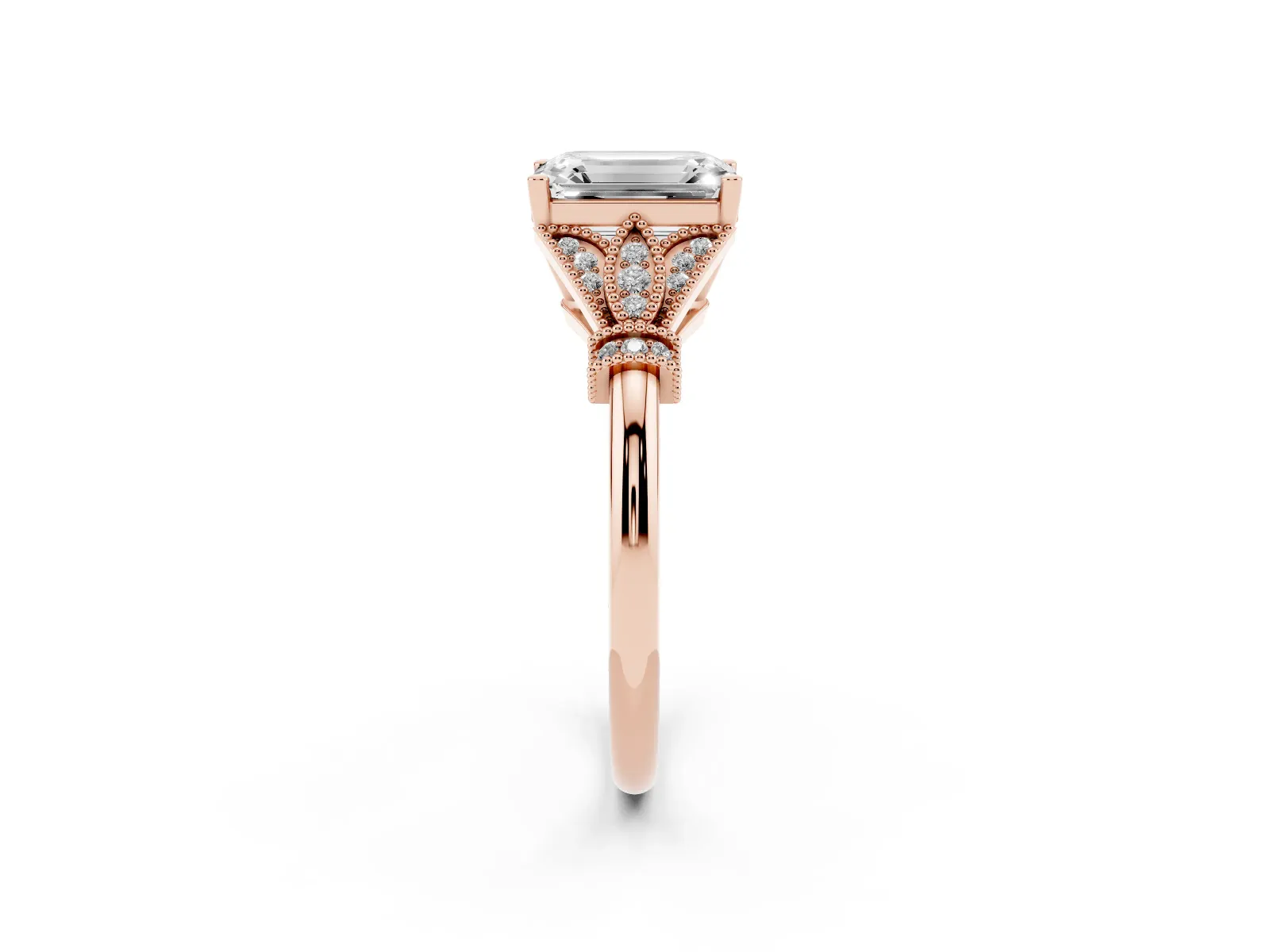 Emerald Cut Diamond Solitaire Ring with Floral Filigree and Pave Accents Rose gold