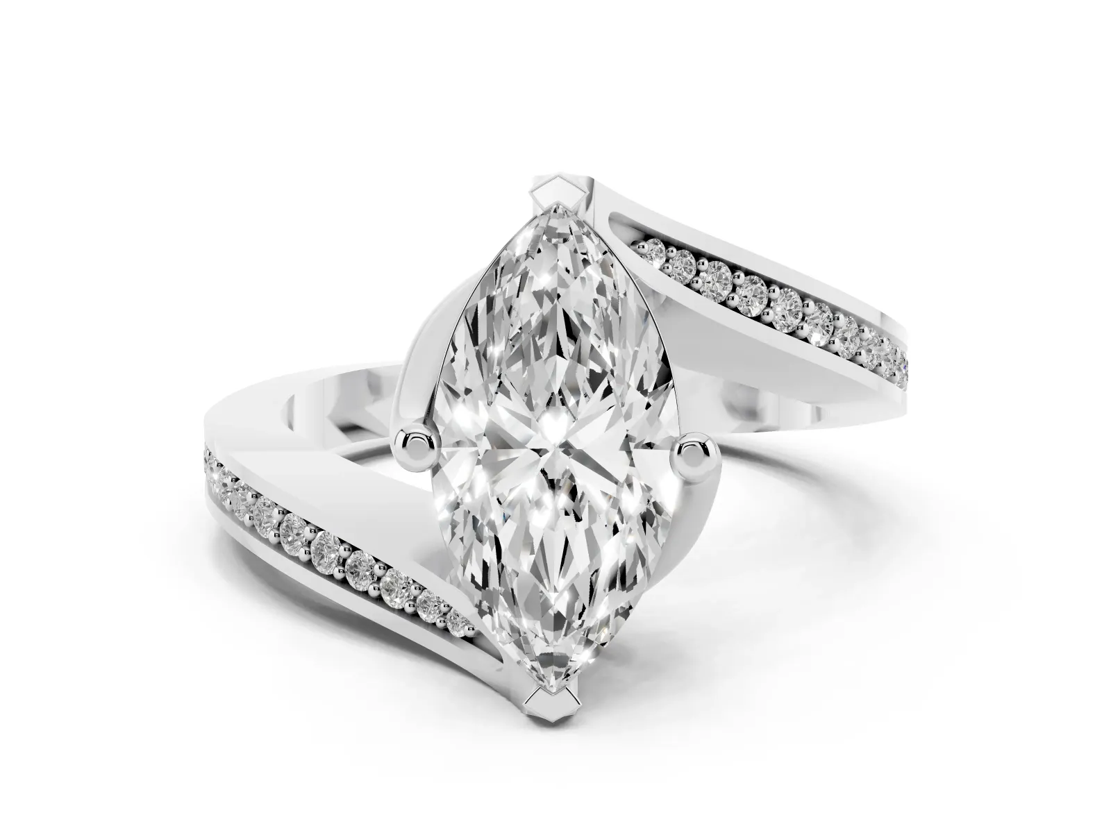 Marquise Cut Solitaire Diamond Twist Band with Pavé Setting and Four-Prong Setting Platinum