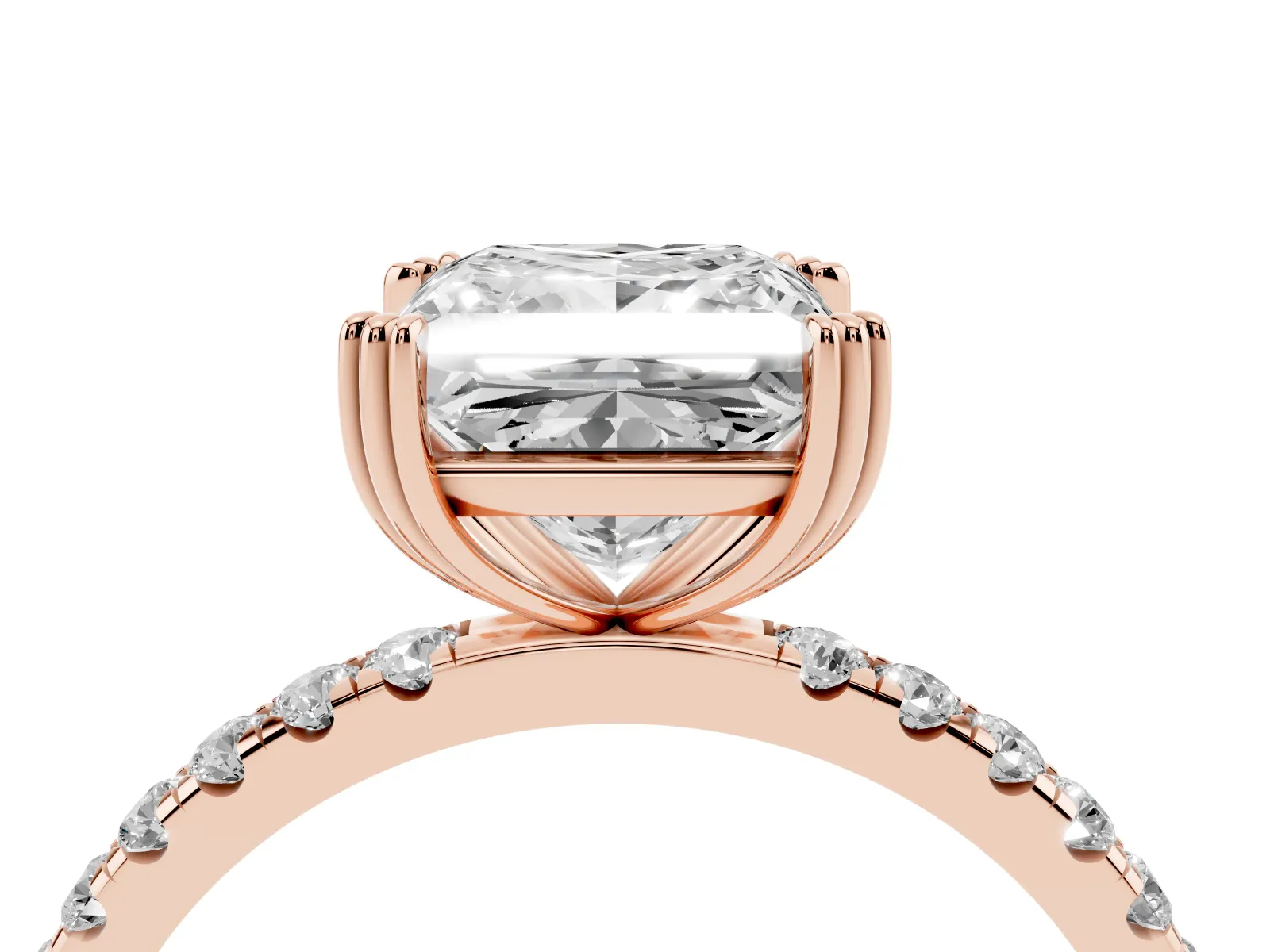 Princess Cut Brilliant Solitaire with Pavé Band and Claw Prong Setting Rose gold
