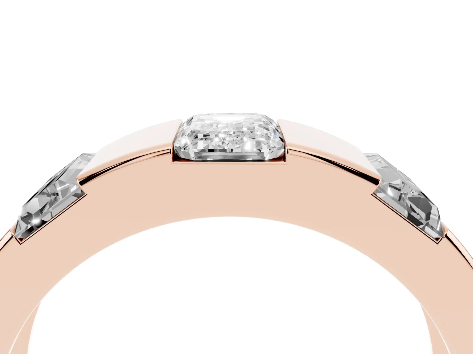 Emerald Cut Diamond Three-Stone Mens Ring with Baguette Side Stones Rose gold
