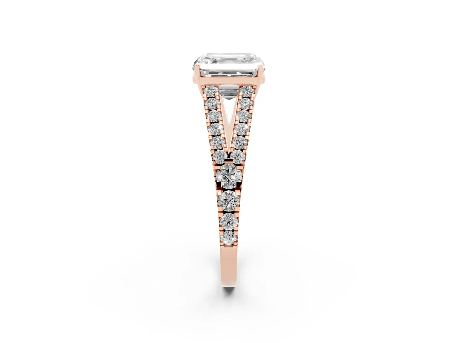 Asscher Cut Diamond Split Shank Engagement Ring with Round Pavé and Prong Setting Rose gold