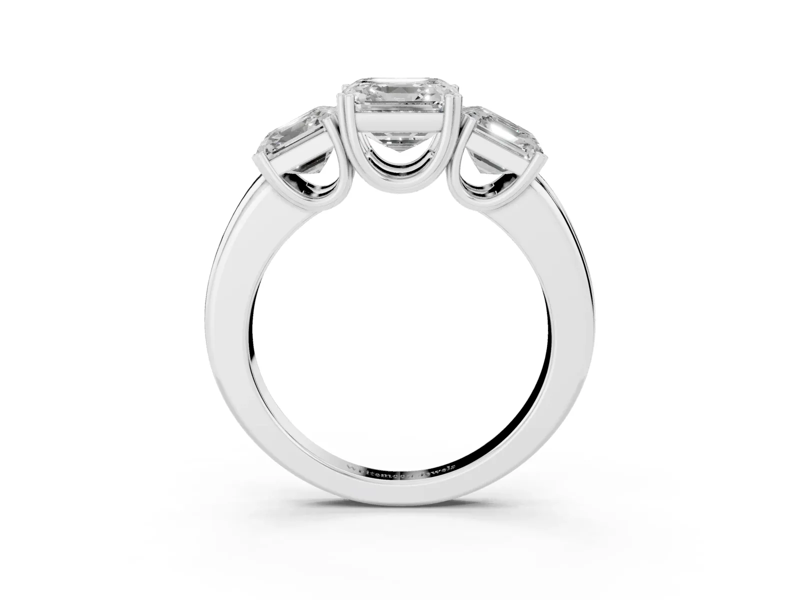 Three-Stone Asscher Cut Cut Diamond Ring with Channel Set Band and Four-Prong Setting White gold