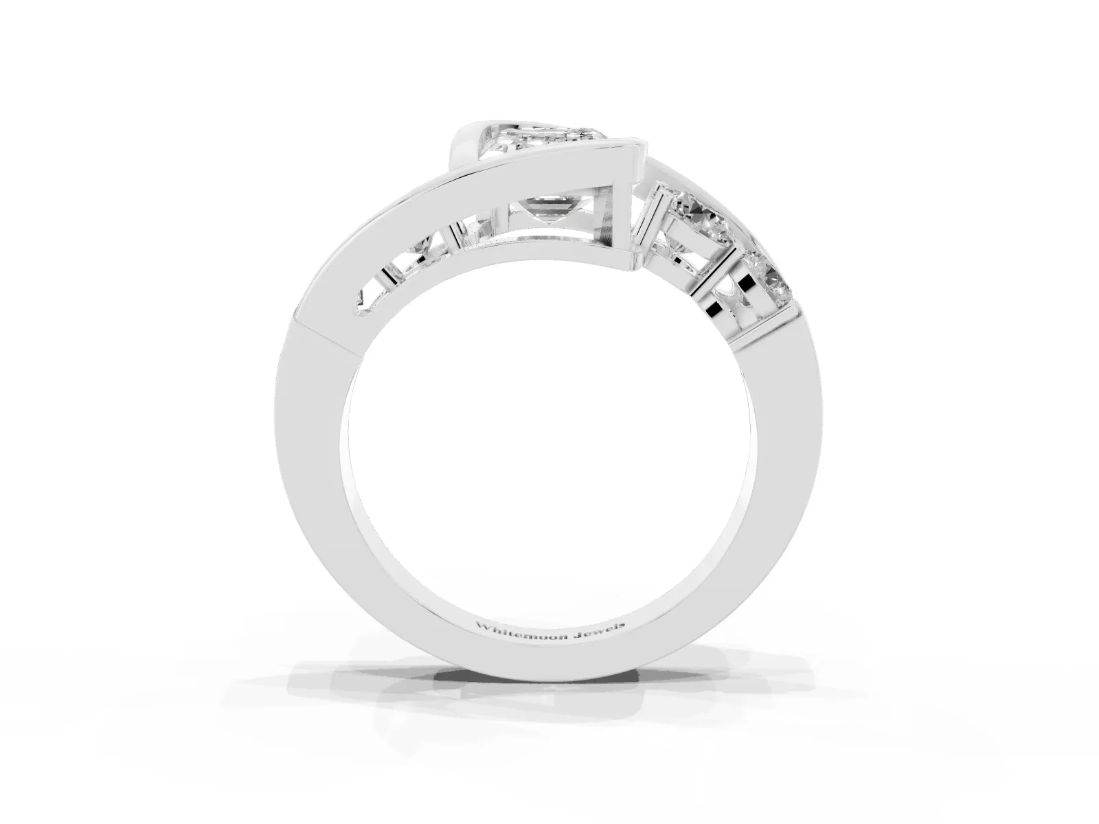 Bezel Set Emerald Cut Diamond Bypass Ring with Round Accents Platinum