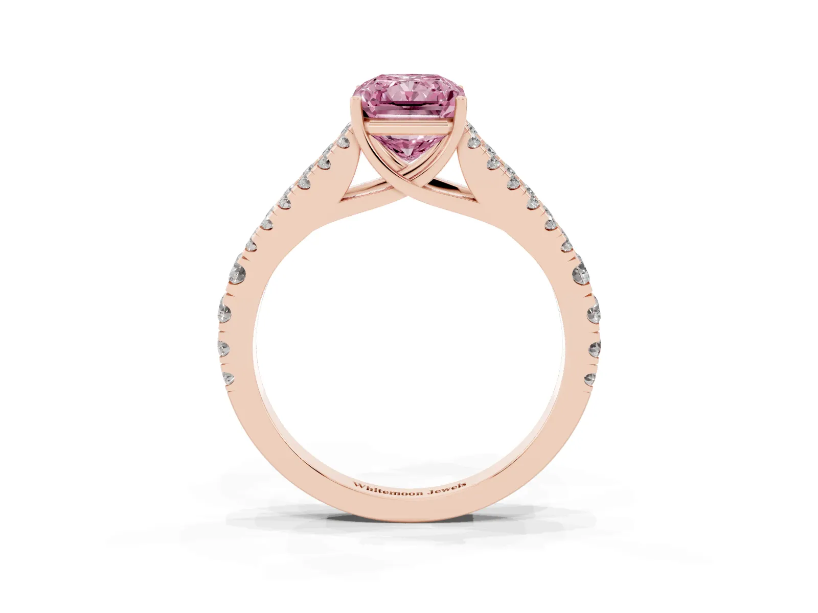Fancy Pink Radiant Cut Diamond Split Shank Engagement Ring with Round Pavé and Prong Setting Rose gold