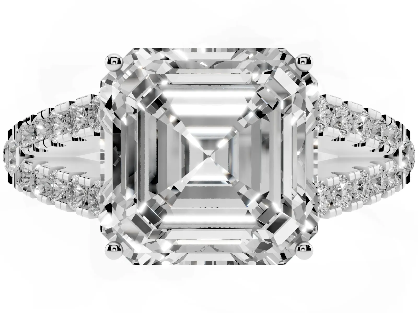 Asscher Cut Diamond Split Shank Engagement Ring with Round Pavé and Prong Setting White gold
