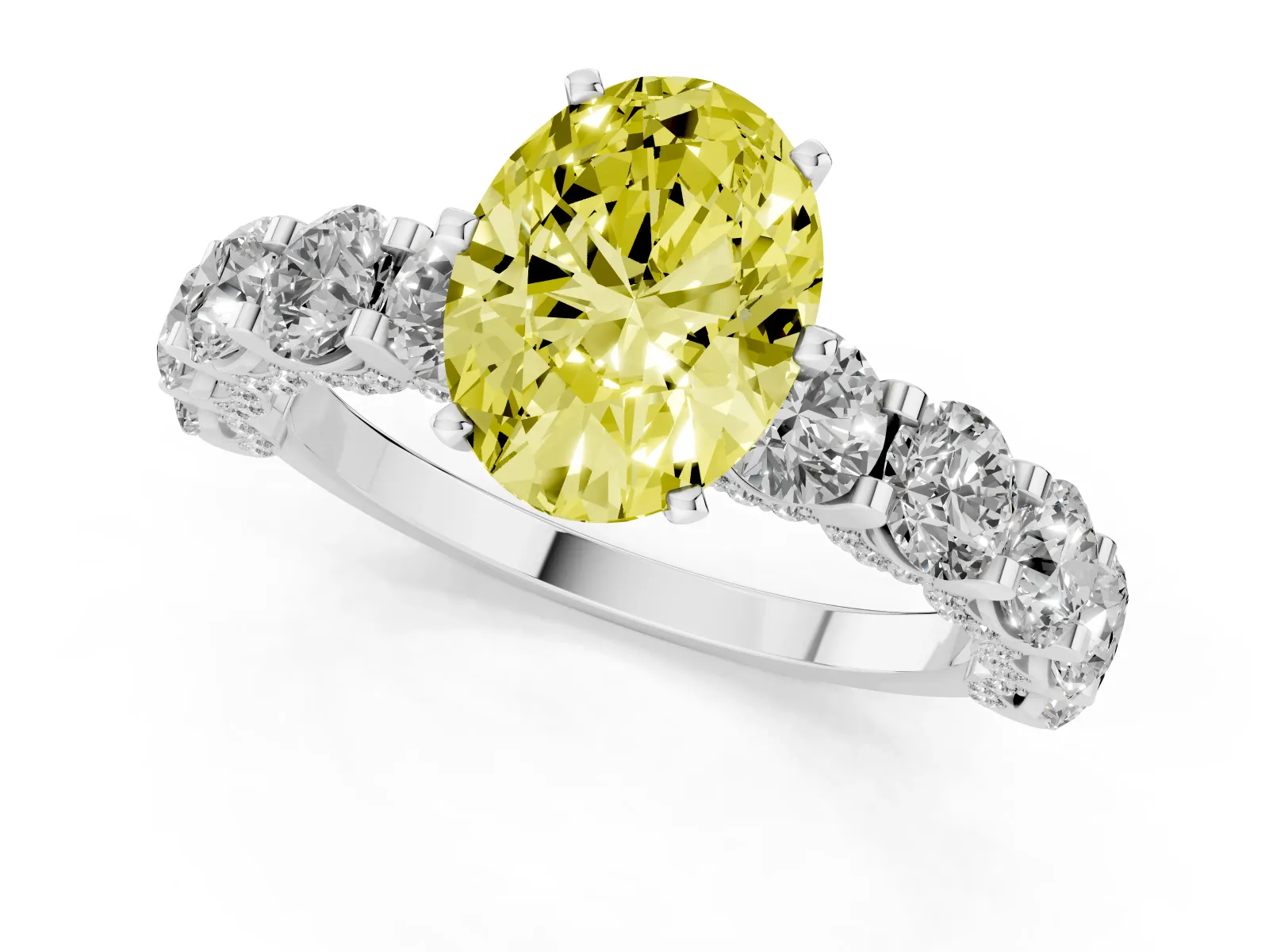 Fancy Yellow Oval Cut Diamond Side Stone Engagement Ring with Four-Prong Setting White gold