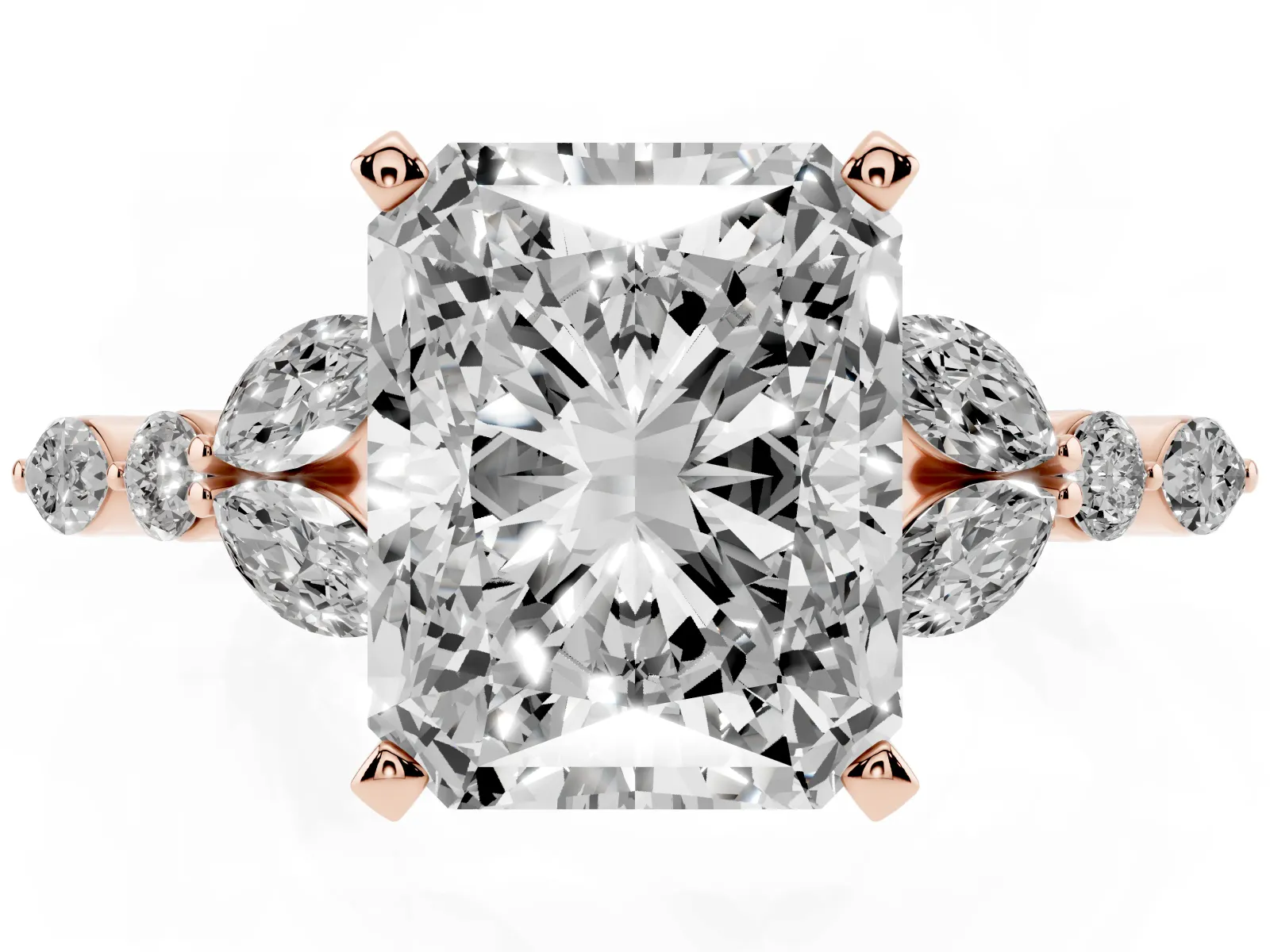 Radiant Cut Diamond Solitaire Ring with Side Stones and Four-Prong Setting Rose gold