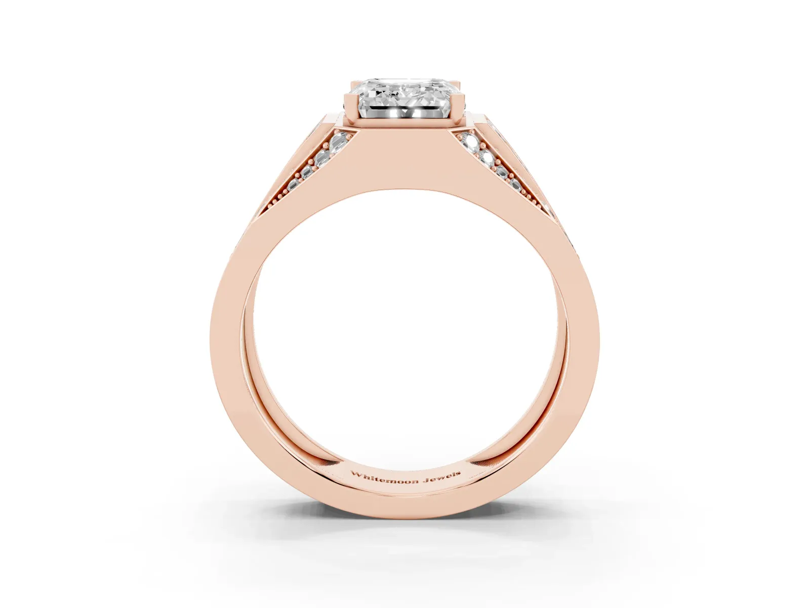 Emerald Cut Diamond Mens Ring with Baguette Side Stones Rose gold