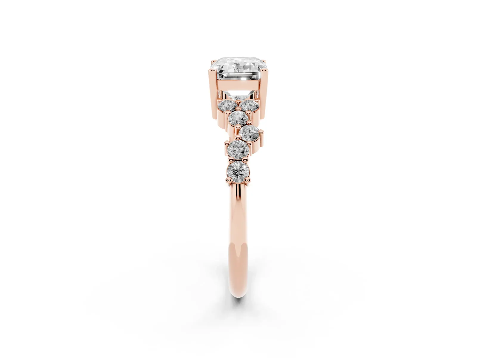 Emerald Cut Diamond Scattered Round Accent Ring with Prong Setting Rose gold