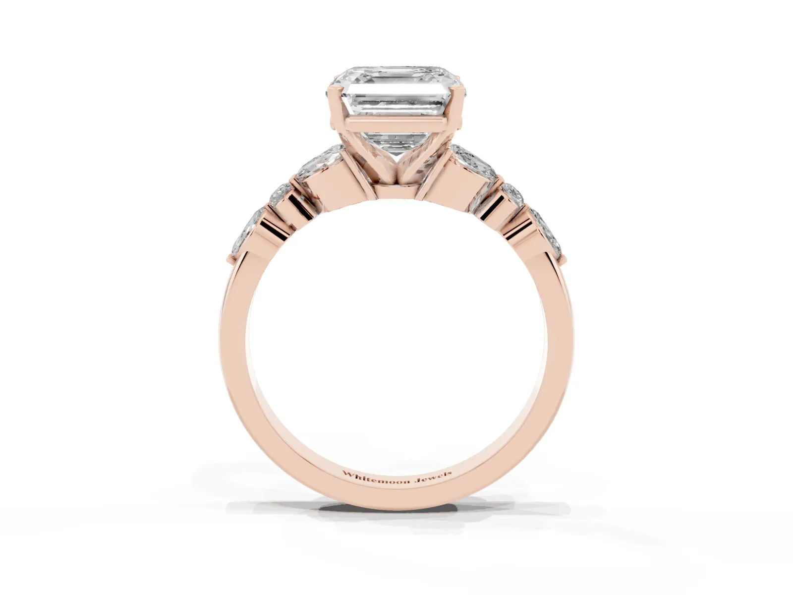 Asscher Cut Diamond Solitaire Ring with Side Stones and Four-Prong Setting Rose gold