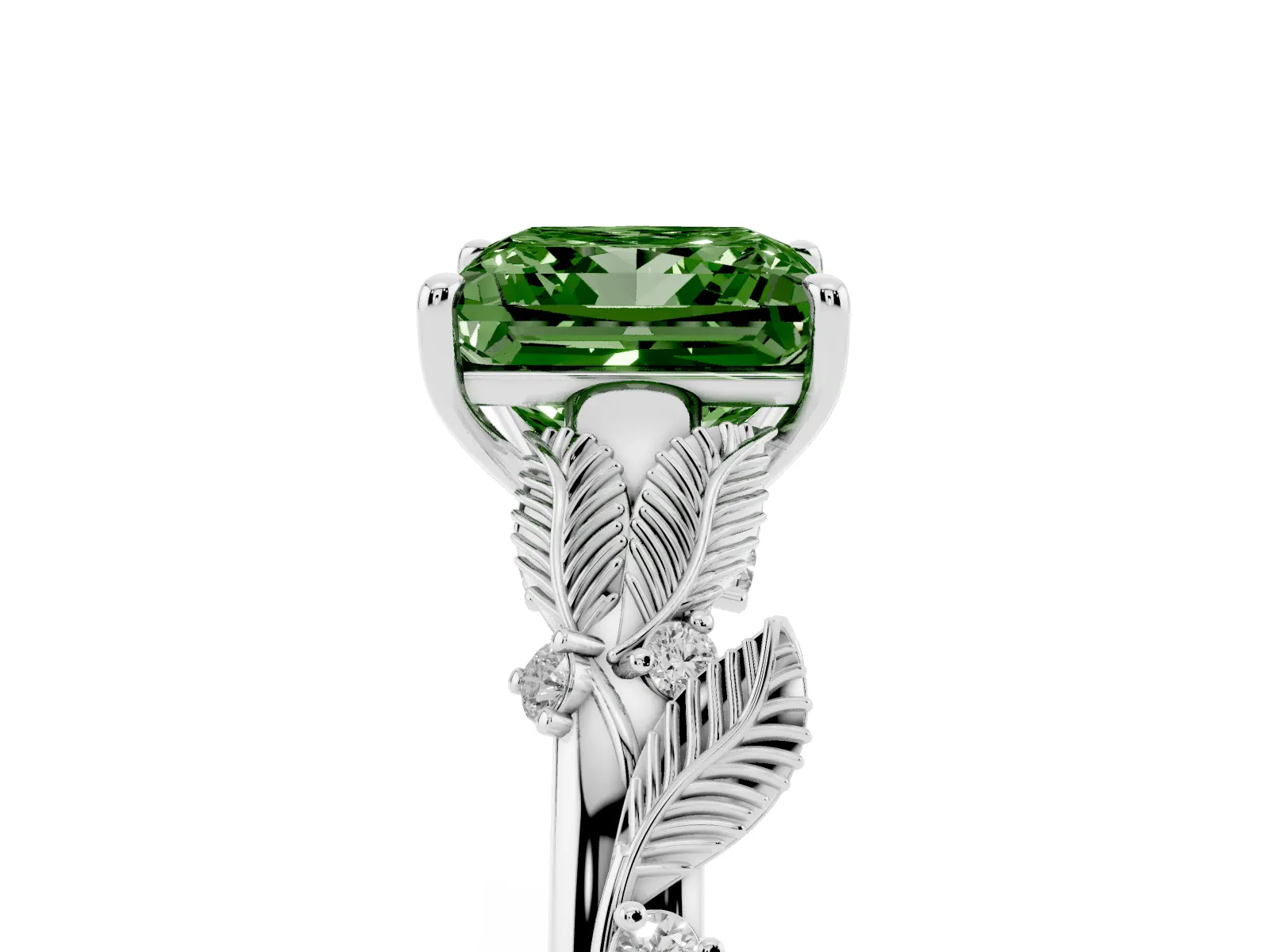 Fancy Green Princess Cut Diamond Solitaire Ring with Leaf Motif Band and Four-Prong Setting Platinum