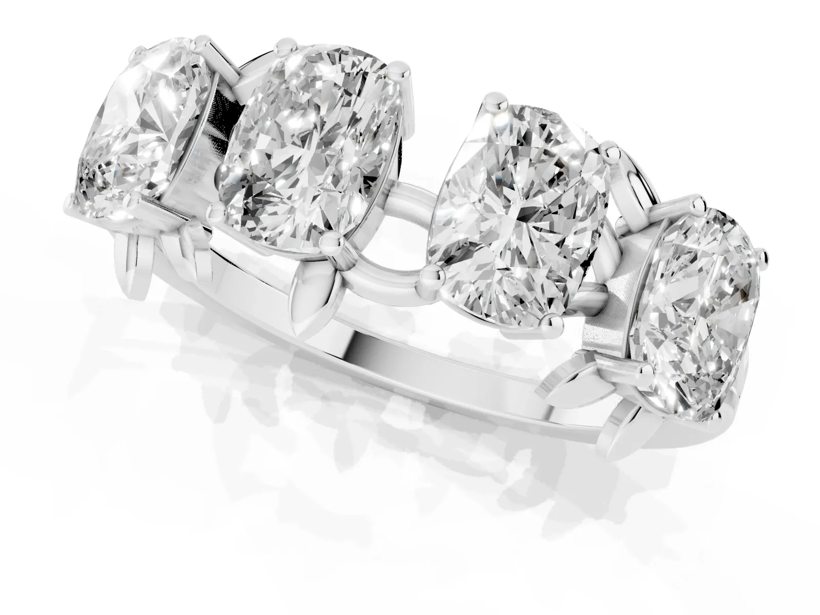 Four-Stone Elongated Cushion Diamond Band with Nature-Inspired Prong Setting Silver
