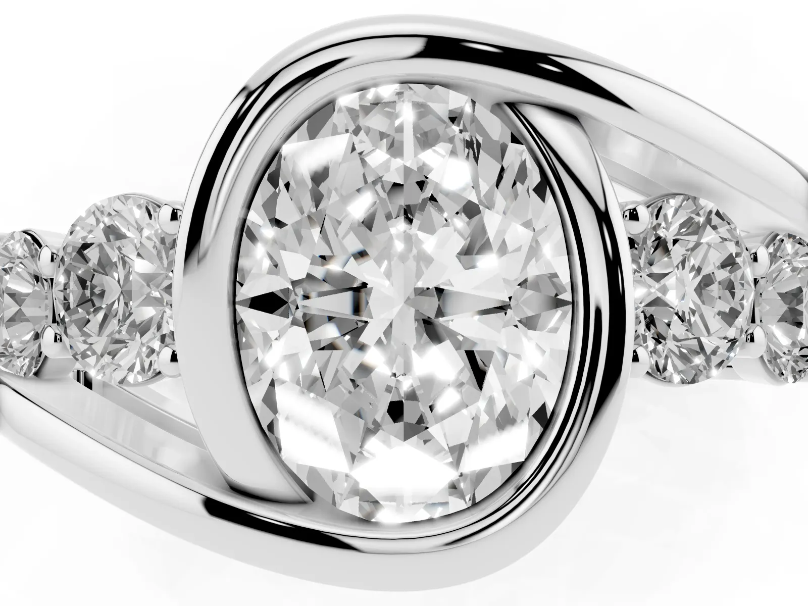 Bezel Set Oval Cut Diamond Bypass Ring with Round Accents Platinum