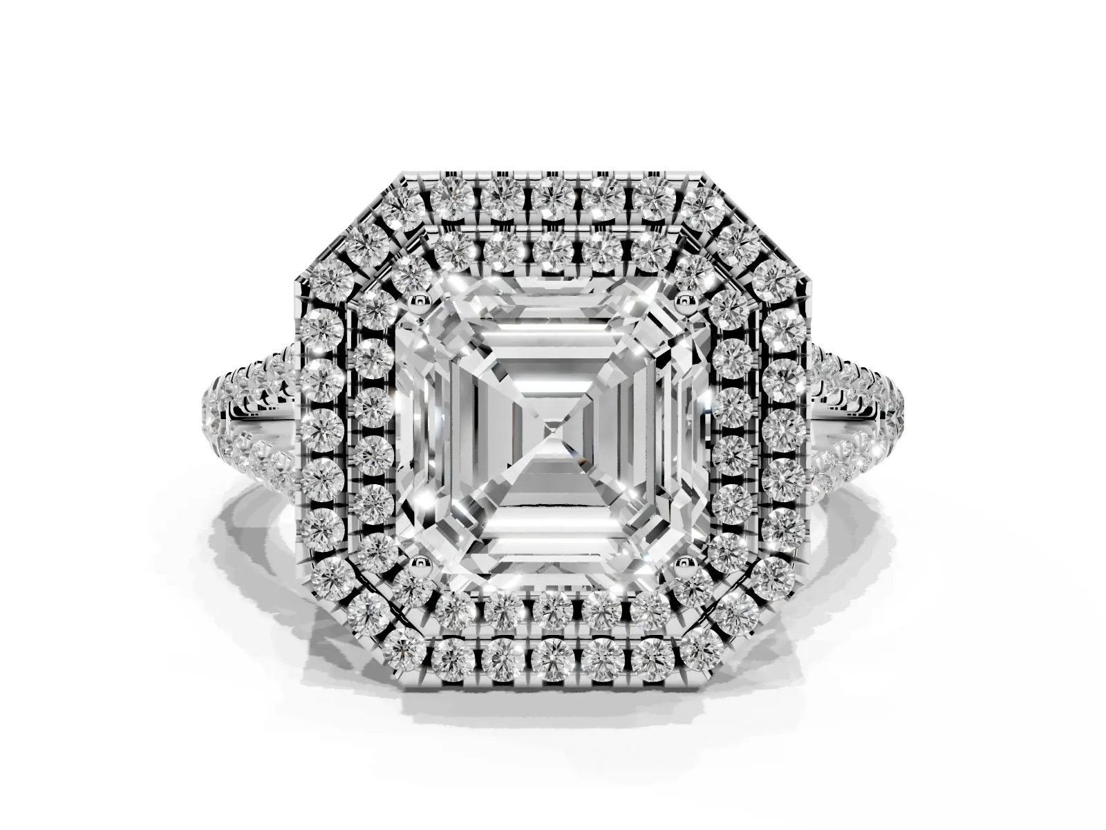 Asscher Cut Diamond Double Halo Ring with Pavé Band and Prong Setting Platinum