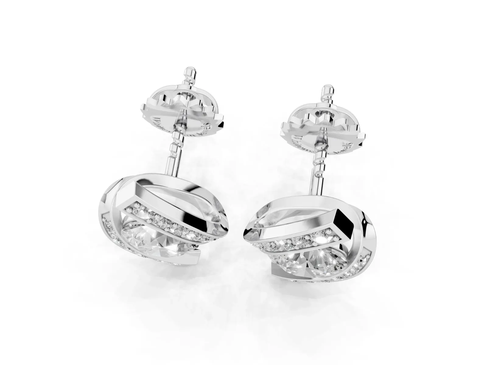 Round Diamond Curve Wave Stud Earrings Platinum