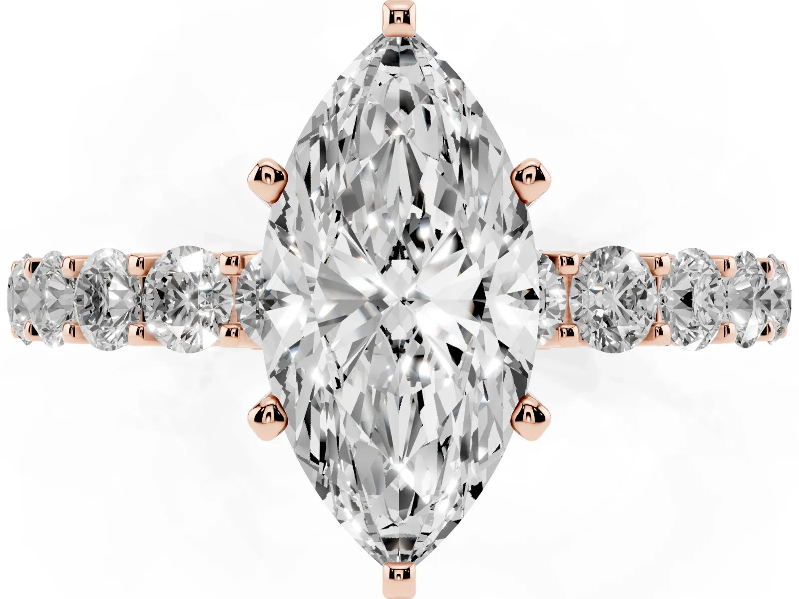 Marquise Cut Diamond Solitaire Ring with Shared Prong Pavé Band and Four-Prong Setting Rose gold