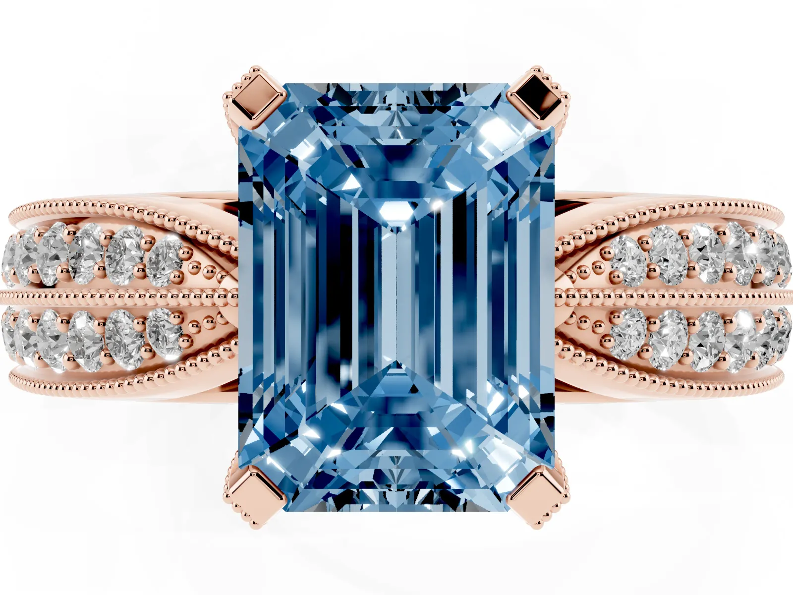 Fancy Blue Emerald Cut Diamond Solitaire Ring with Milgrain Round Pavé Band and Prong Setting Rose gold